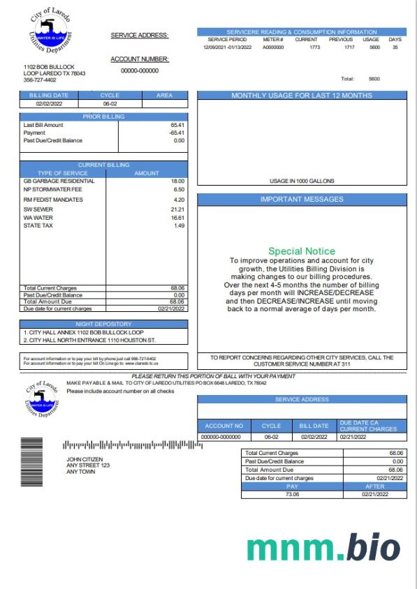 USA Texas City of Laredo Utilities Department woda rachunek za media szablon w formacie Word i PDF